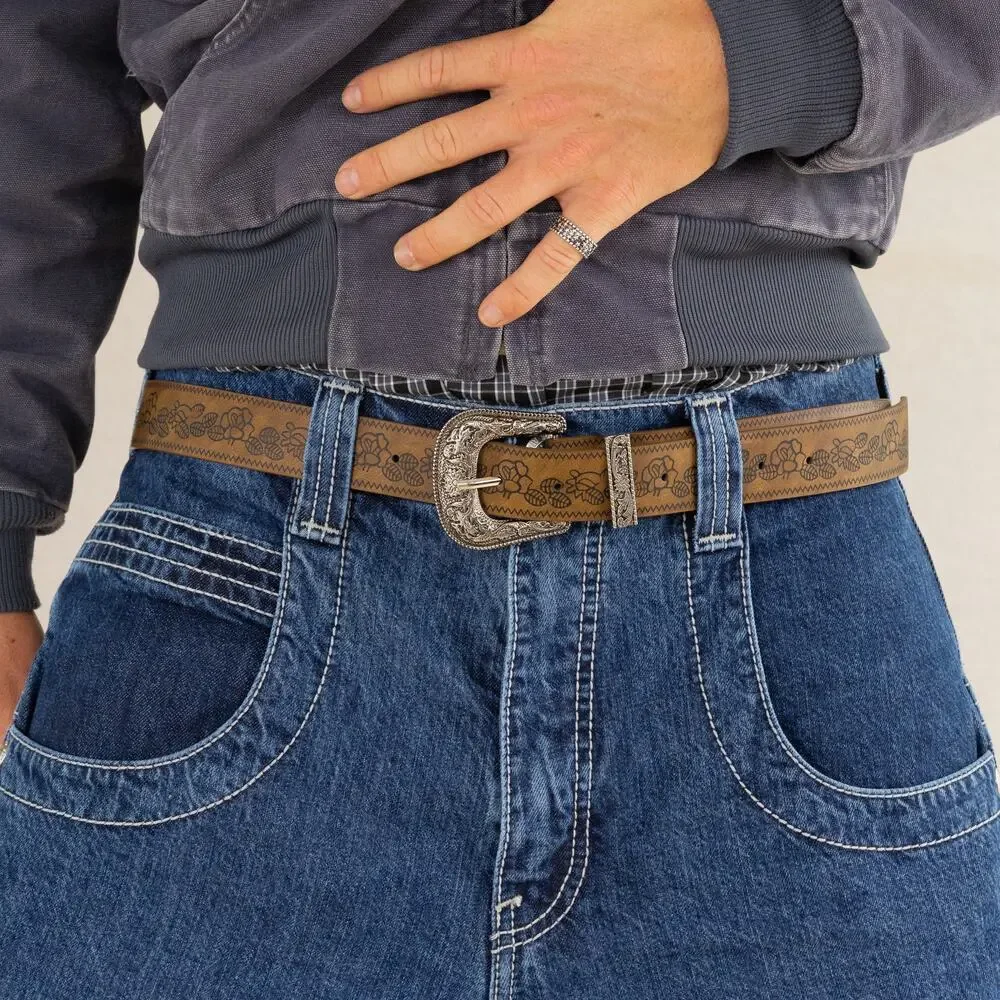 Y2K Brown Leather Belt Silver Buckle Adjustable Unisex Vintage New
